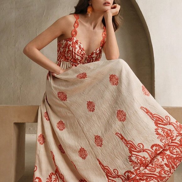 Burnt Orange Boho Women's V-Neck Contrast Print Beach Dress - Picture 1 of 6